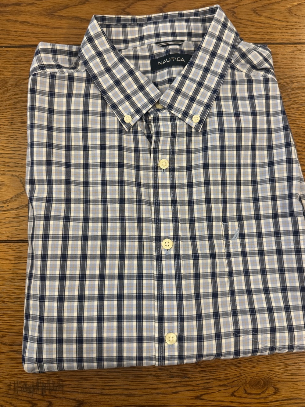 Nautica Men's Navy and White Plaid Button-Down Shirt